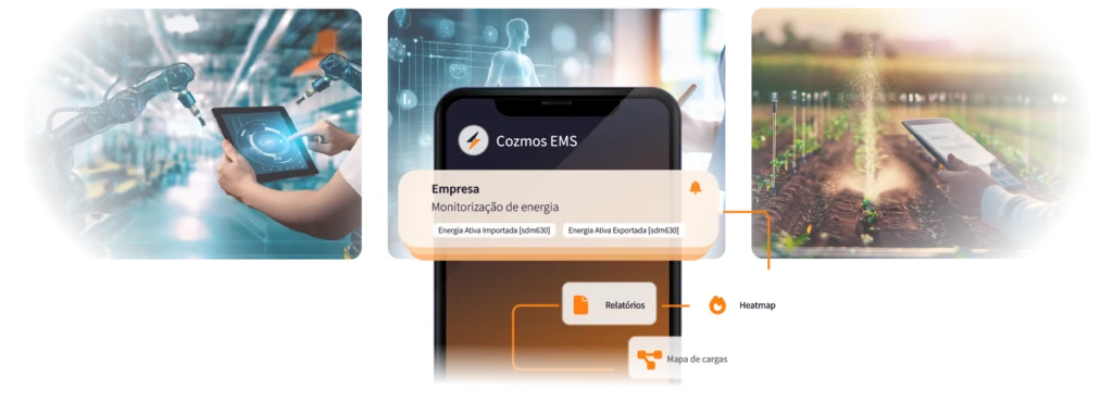 Interface del software Cozmos EMS para monitorización de energía en dispositivos móviles, con ejemplos de aplicación en ambiente fabril y sector agrícola.