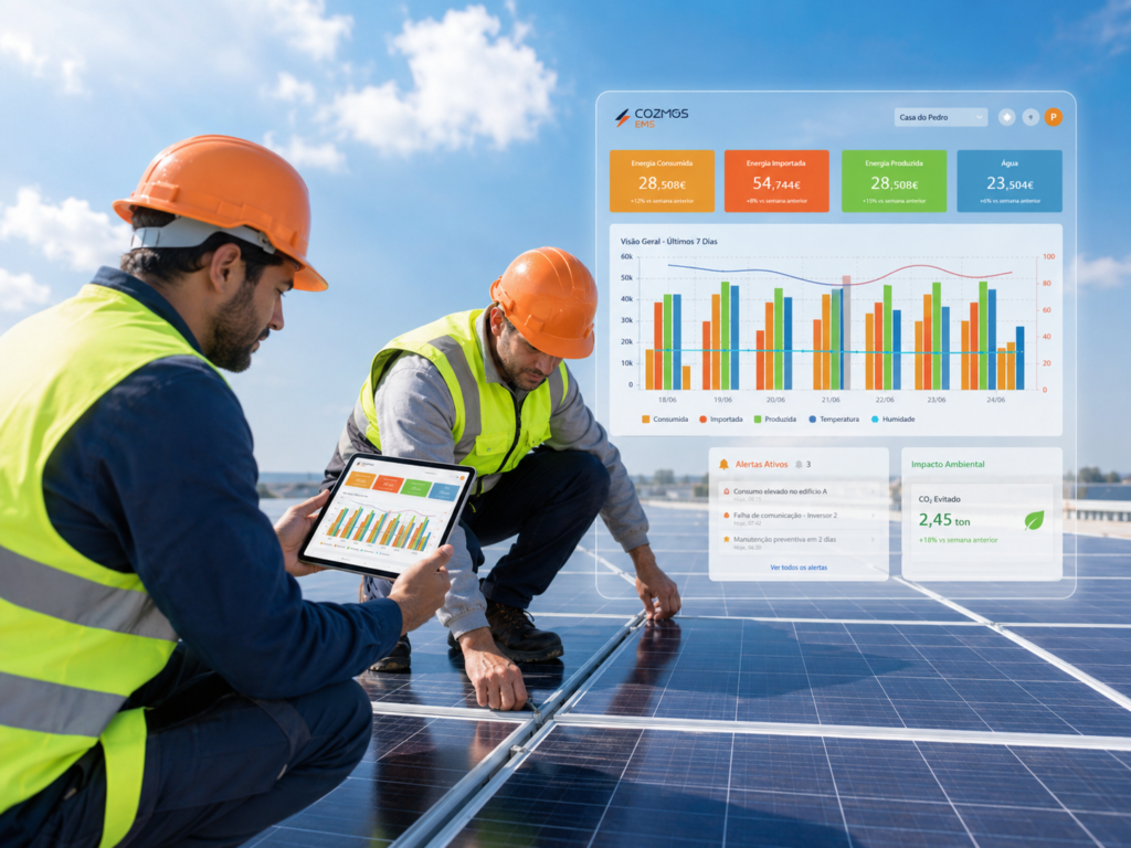 Técnicos a trabalhar numa instalação de painéis solares com interface Cozmos EMS para monitorização de energia, produção, consumo e alertas operacionais.