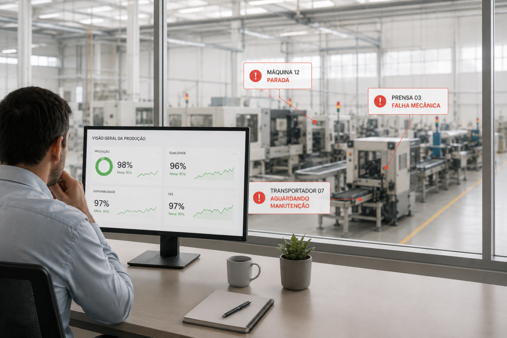 Operação reativa e falta de visibilidade operacional na indústria Mesmo com dashboards positivos, muitas fábricas continuam a perder eficiência operacional devido a falhas silenciosas, manutenção corretiva e desperdícios que não são identificados em tempo real.
