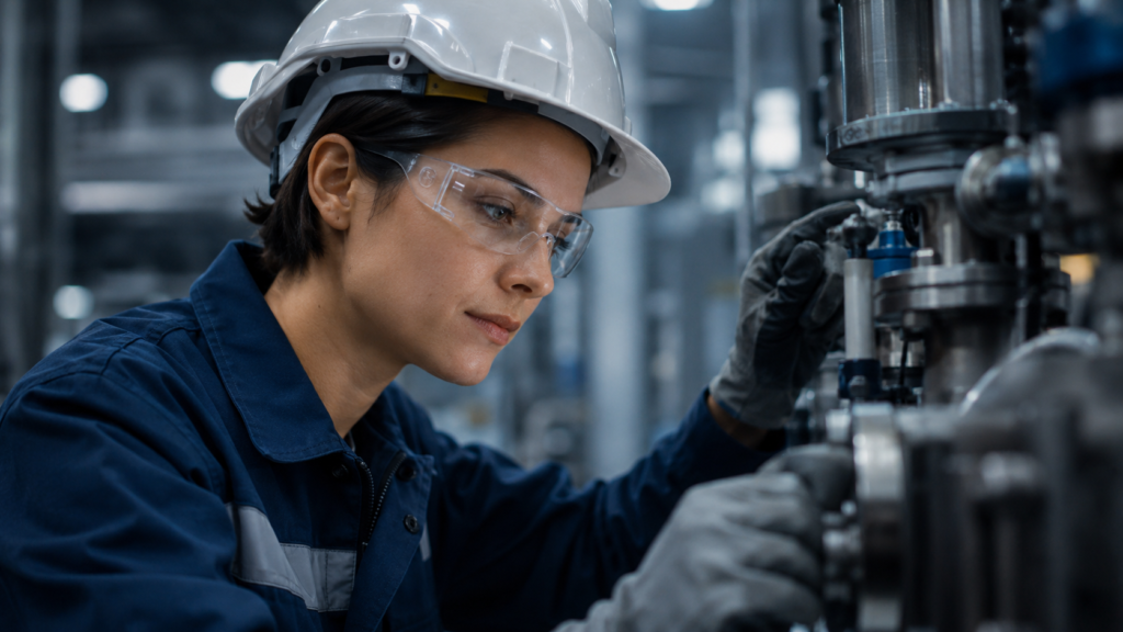Técnica industrial com capacete a utilizar um tablet junto a um braço robótico numa fábrica automatizada, enquanto acompanha dados operacionais e processos de monitorização.