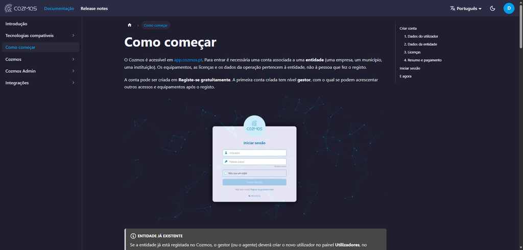 Página Primeros pasos de Cozmos Docs, con la pantalla Iniciar sesión