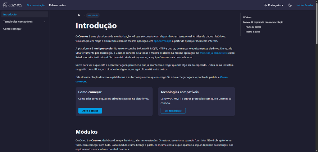 Página de introducción de Cozmos Docs, con las tarjetas Primeros pasos y Tecnologías compatibles