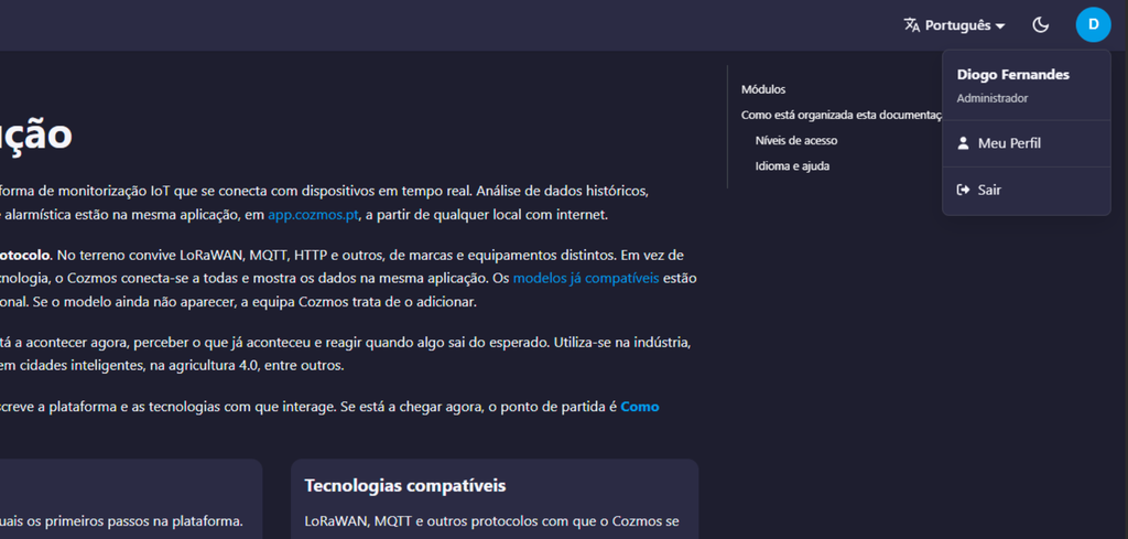 Menú de perfil de Cozmos Docs, con las opciones Mi perfil y Salir